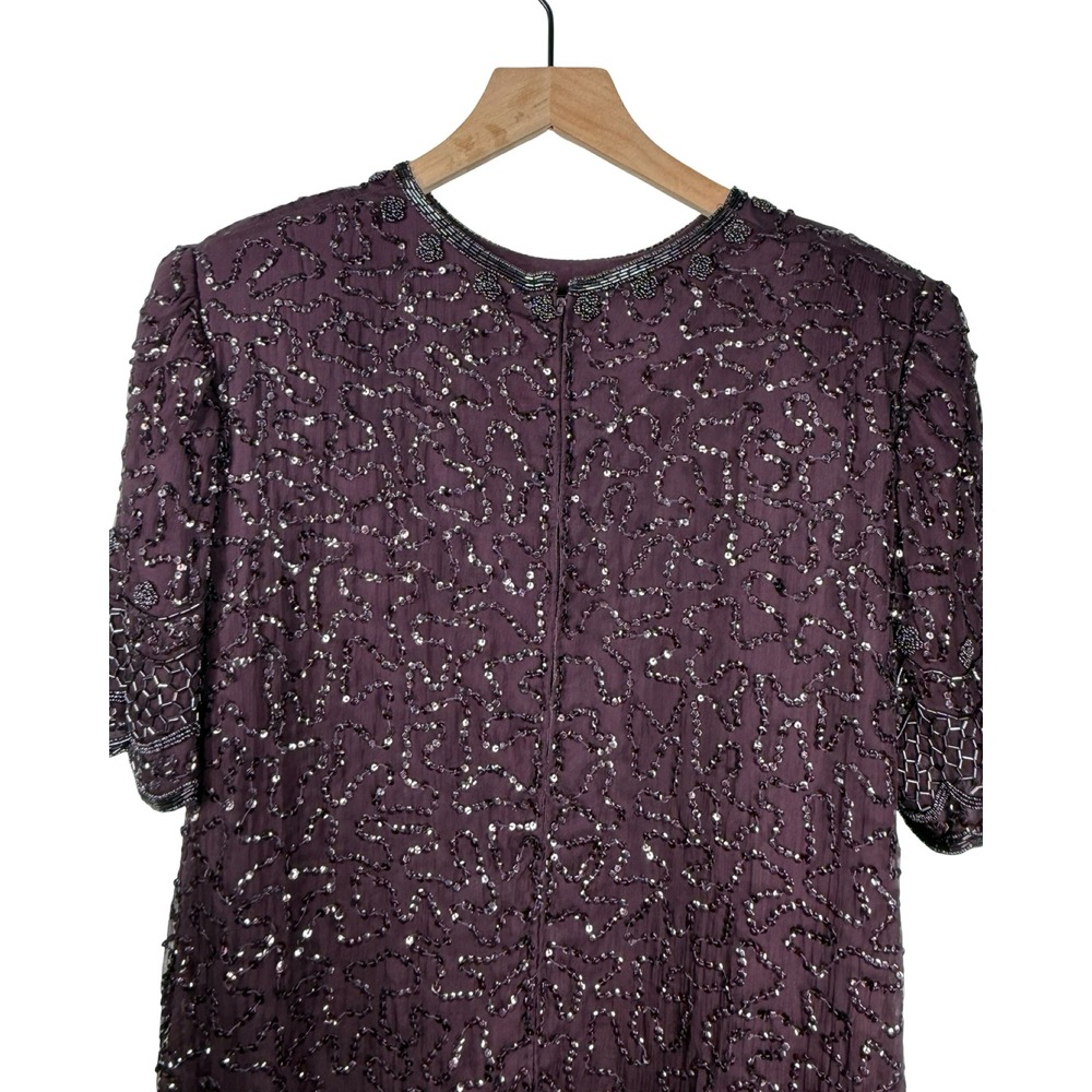 Brilliante by J.A. Beaded Silk Dress Plum Scalloped Hem Size L Vintage Style - Picture 10 of 10